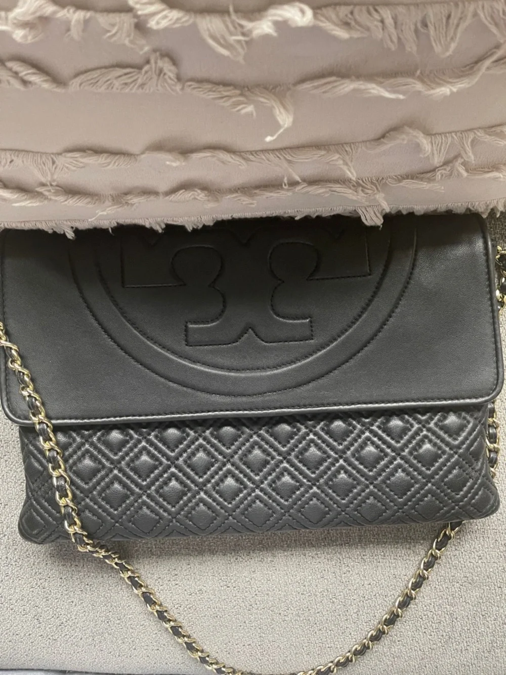 Tory Burch- Black Quilted Leather Shoulder Bag with Gold Chain